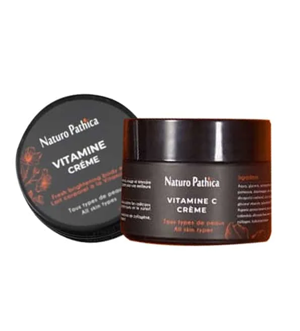 naturo-pathica-vitamine-c-creme-50g.jpg Pot brun ouvert et couvercle noir Naturo Pathica crème vitamine C