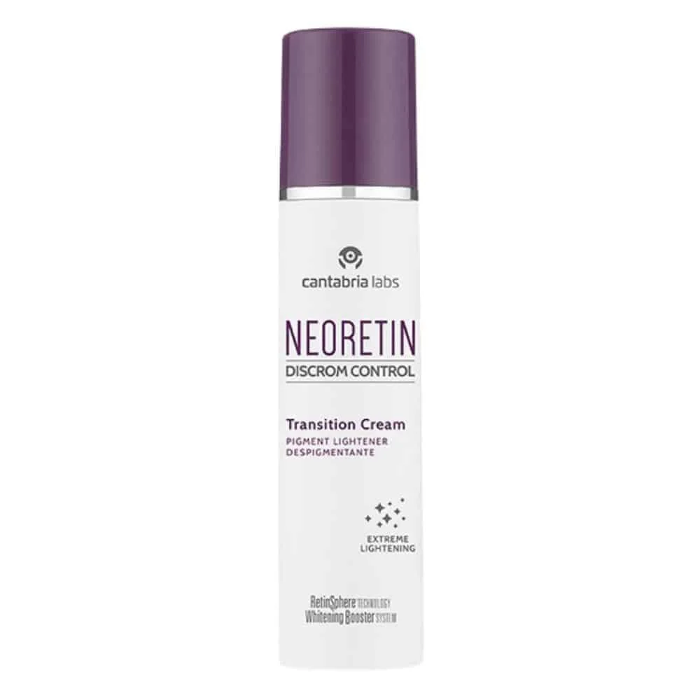 neoretin-discrom-control-creme-de-transition-depigmentante-eclaircissante-50ml.jpg Flacon-pompe blanc et violet Neoretin Discrom Control Transition Cream 50 ml