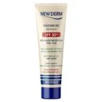 Tube beige et bleu New Derm écran solaire toucher sec invisible SPF50+