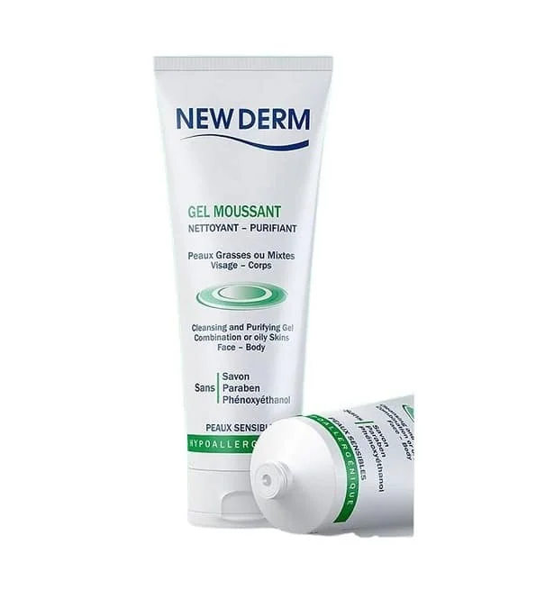 new-derm-gel-moussant-nettoyant-purifiant-250ml.jpg Tube blanc et vert New Derm gel moussant nettoyant purifiant 250 ml