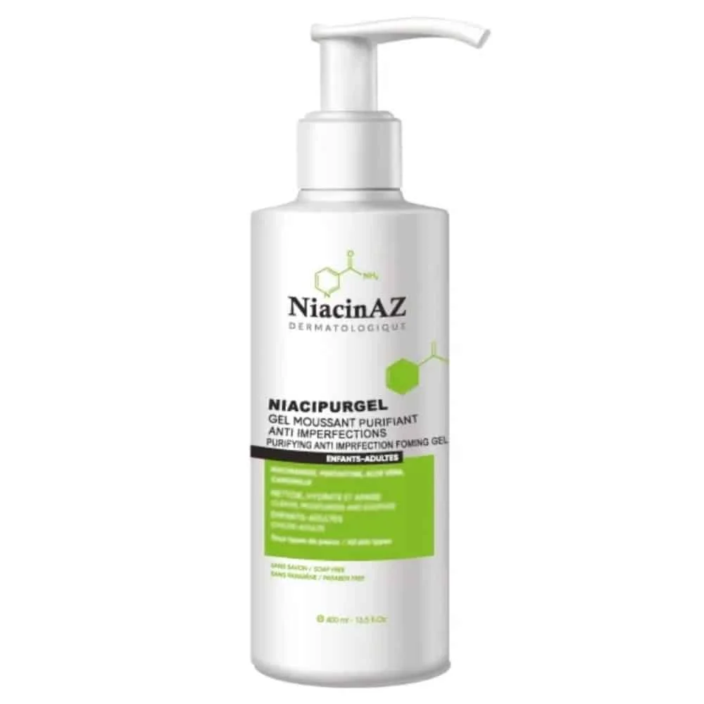 niacinaz-niacipurgel-gel-moussant-purifiant-400ml.jpg Flacon pompe blanc et vert NiacinAZ Niacipurgel gel moussant purifiant