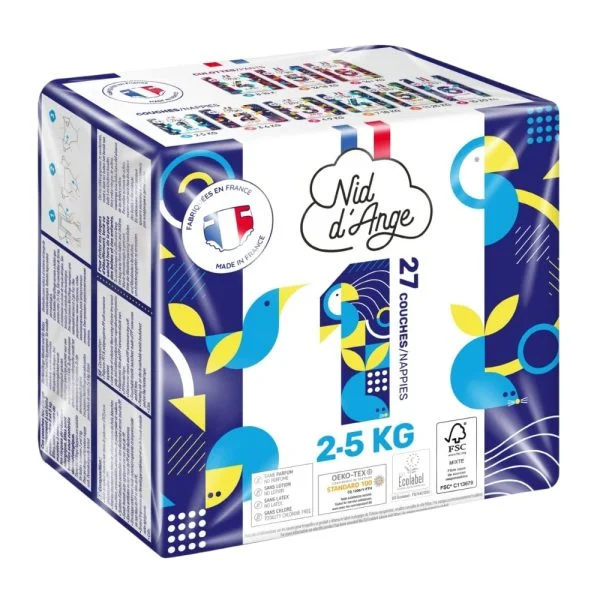 Paquet bleu Nid d'Ange couches taille 1 avec oiseaux stylisés