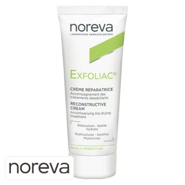 Tube blanc Noreva Exfoliac crème réparatrice peaux à imperfections 40 ml