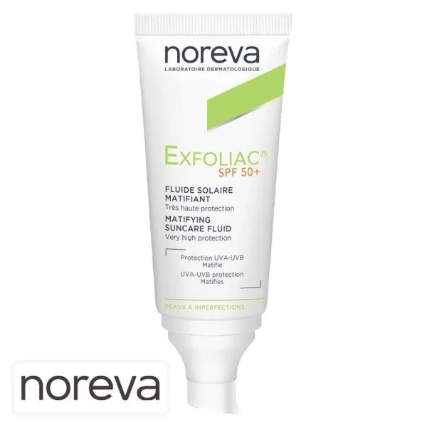 Tube blanc Noreva Exfoliac fluide solaire matifiant SPF50+ 40 ml