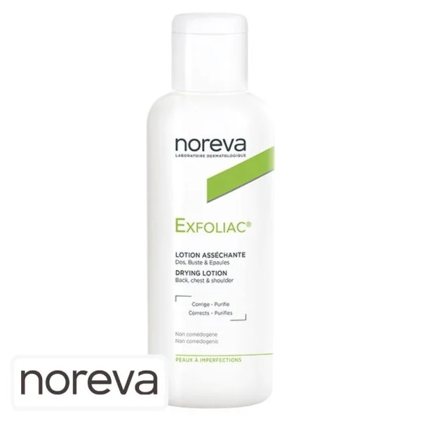 Flacon blanc Noreva Exfoliac lotion asséchante dos buste épaules