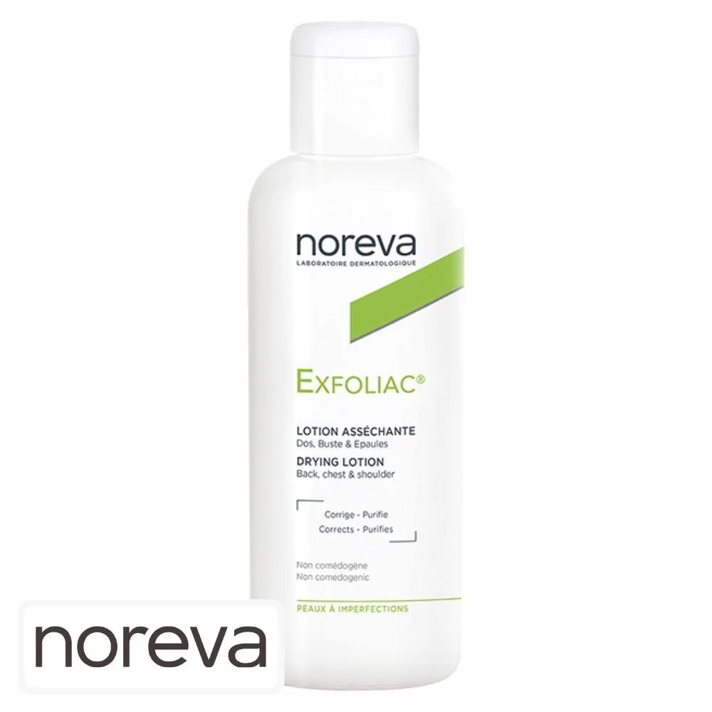 noreva-exfoliac-lotion-assechante-125ml.jpg Flacon blanc Noreva Exfoliac lotion asséchante dos buste épaules