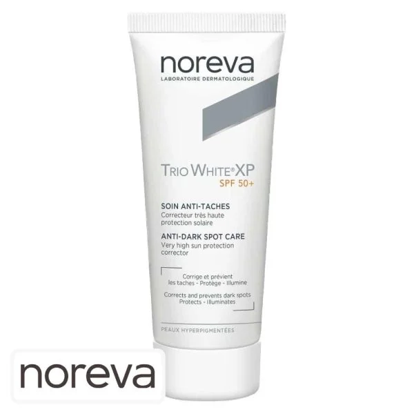 Tube blanc et gris Noreva Trio White XP SPF50+ soin anti-taches