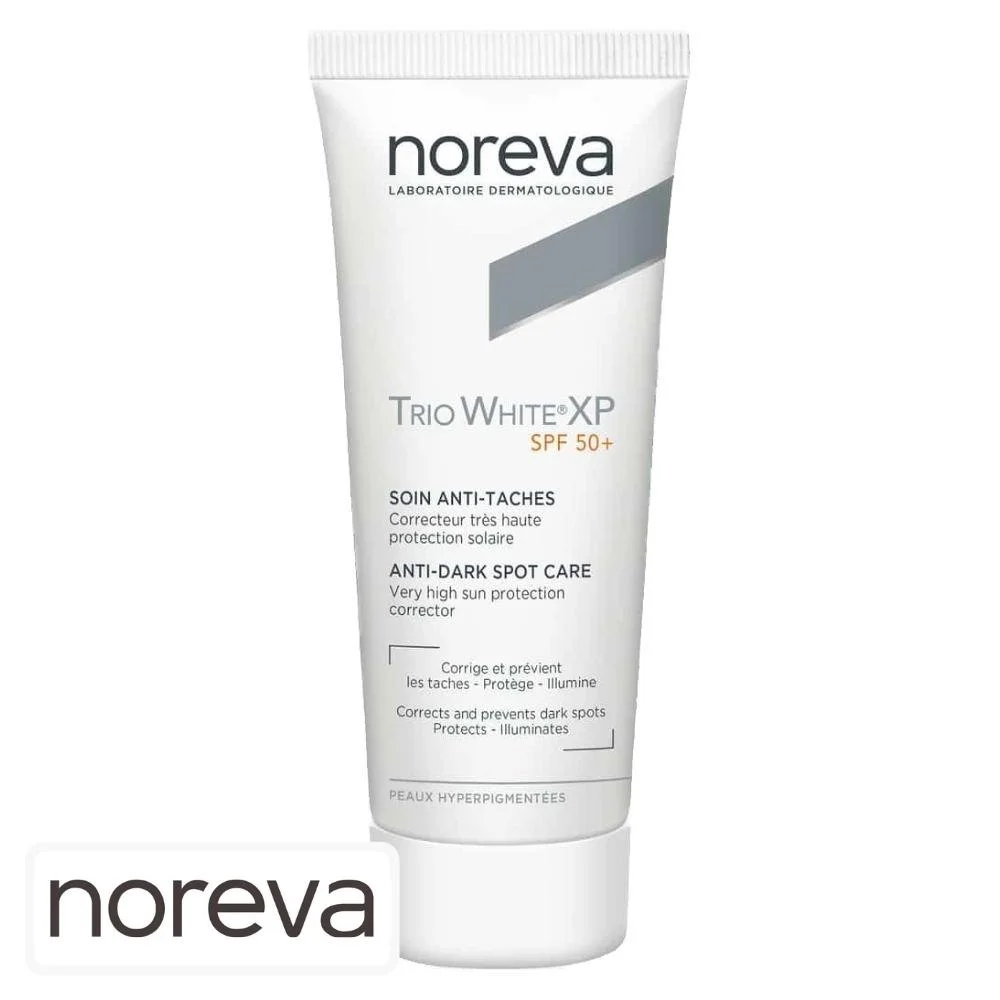 noreva-trio-white-xp-soin-anti-taches-spf50-40ml.jpg Tube blanc et gris Noreva Trio White XP SPF50+ soin anti-taches