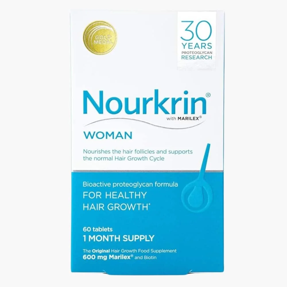 nourkrin-woman-pousse-de-cheveux-en-bonne-sante-60-tablettes.jpg Boîte blanche et bleue Nourkrin Woman 60 comprimés avec logo Marilex