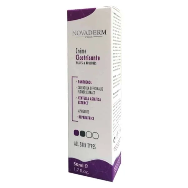 Tube et étui blanc et violet Novaderm crème cicatrisante 50 ml