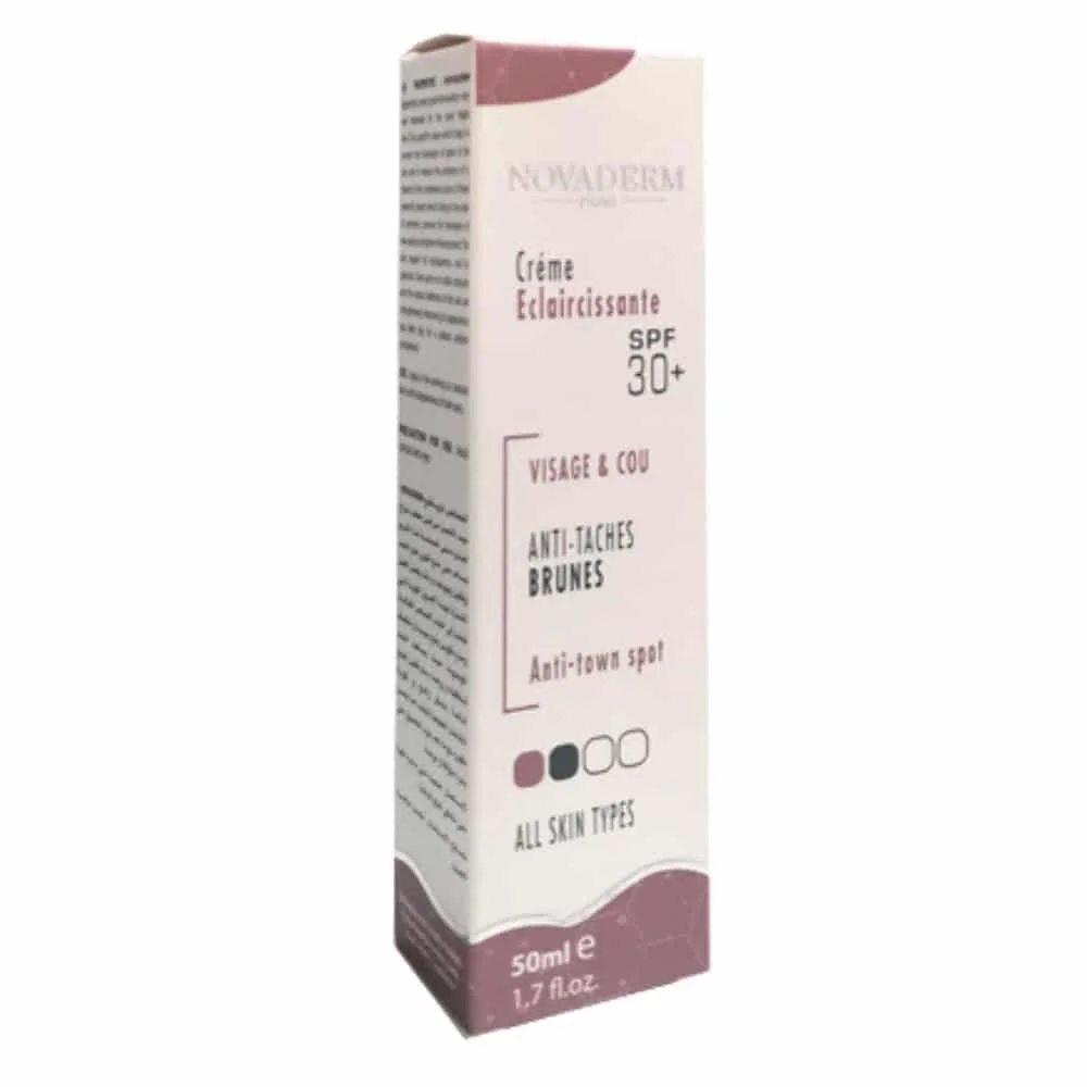 novaderm-creme-eclaircissante-spf30-50ml.jpg Étui rose Novaderm Crème Éclaircissante SPF30+ visage et cou 50 ml