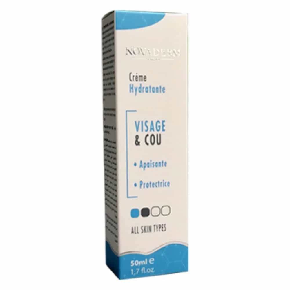 novaderm-creme-hydratante-50ml.jpg Étui blanc et bleu Novaderm Crème Hydratante visage et cou 50 ml