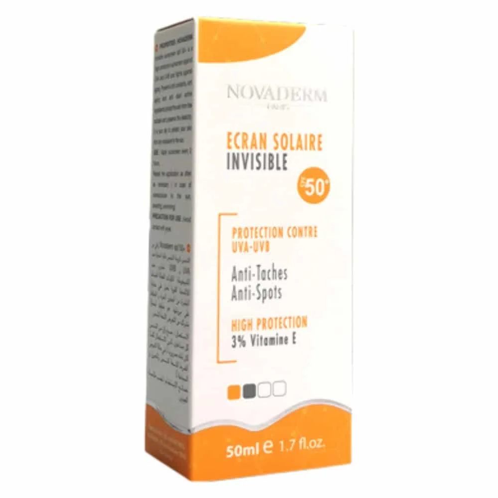 novaderm-ecran-solaire-anti-taches-spf50-50ml.jpg Étui orange et blanc Novaderm Écran Solaire Invisible SPF50+ 50 ml