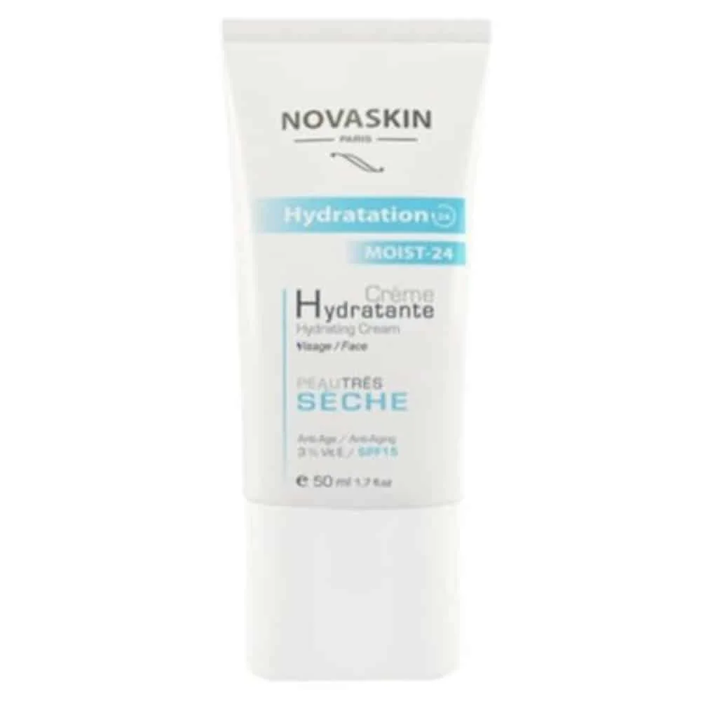 novaskin-creme-hydratante-peau-seche-24h-50ml.jpg Tube blanc Novaskin Crème Hydratante visage peau très sèche 50 ml