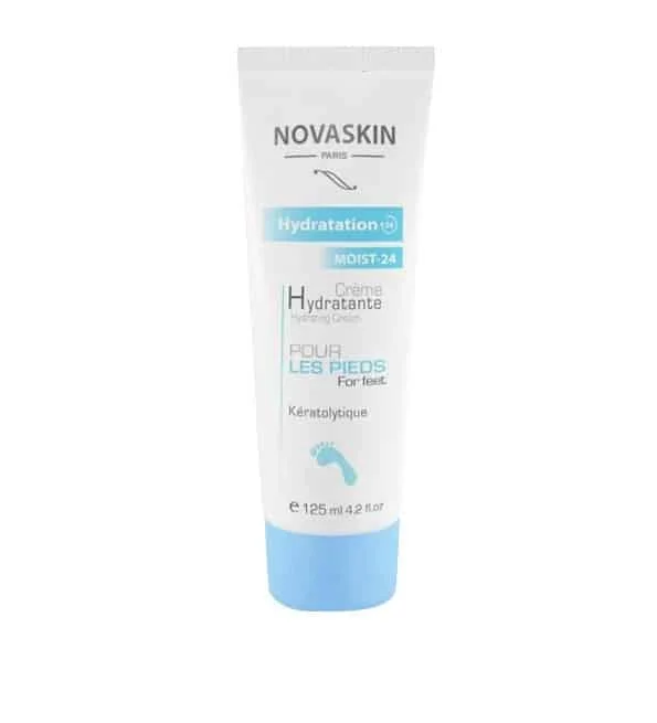 novaskin-creme-hydratante-pieds-24h-125ml.jpg Tube blanc et bleu Novaskin Crème Hydratante pour les pieds 125 ml