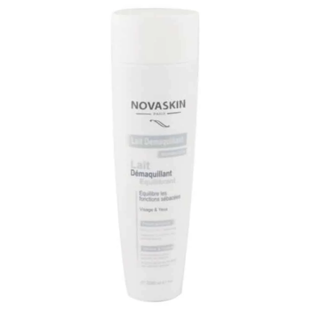 novaskin-lait-demaquillant-equilibrant-200ml.jpg Flacon blanc Novaskin Lait Démaquillant Équilibrant visage et yeux 200 ml