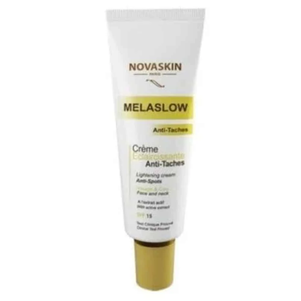 novaskin-melaslow-creme-eclaircissante-anti-taches-30ml.jpg Tube blanc et jaune Novaskin Melaslow crème éclaircissante anti-taches visage
