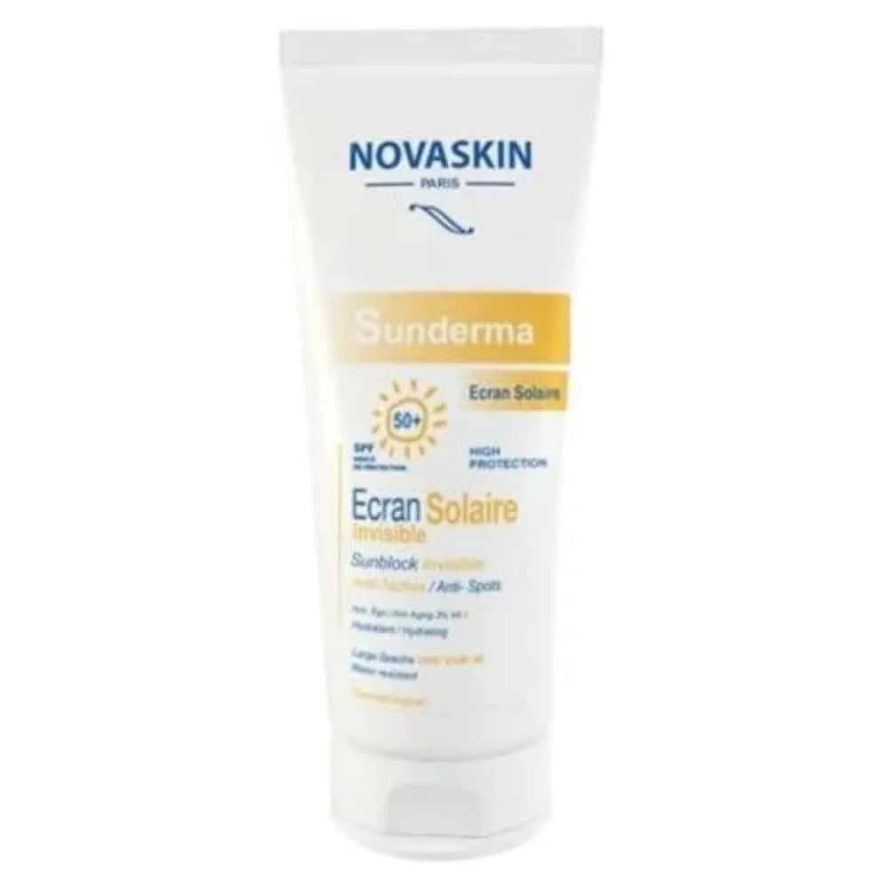 novaskin-sunderma-ecran-solaire-anti-taches-spf50-50ml.jpg Tube blanc Novaskin Sunderma écran solaire invisible SPF50+ anti-taches