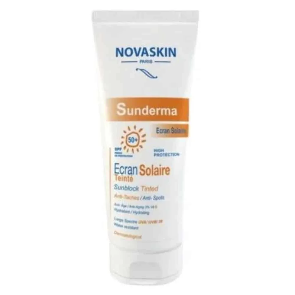 novaskin-sunderma-ecran-solaire-teinte-anti-taches-spf50-50ml.jpg Tube blanc Novaskin Sunderma écran solaire teinté SPF50+ anti-taches 50 ml