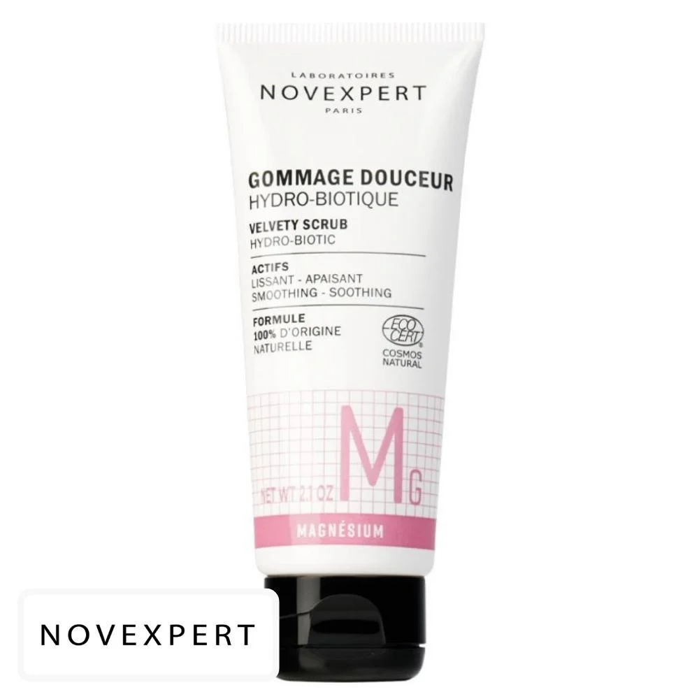 novexpert-mg-magnesium-gommage-douceur-hydro-biotique-60ml.jpg Tube blanc Novexpert Gommage Douceur Hydro-biotique Magnésium logo Ecocert