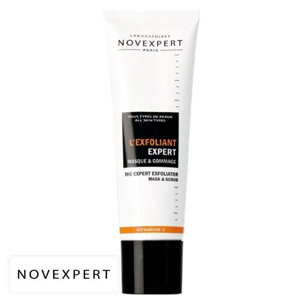 Tube blanc Novexpert Exfoliant Expert Vitamine C liseré orange bouchon noir