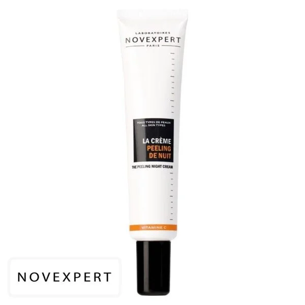 Tube blanc bouchon noir Novexpert la crème peeling de nuit vitamine C 40 ml