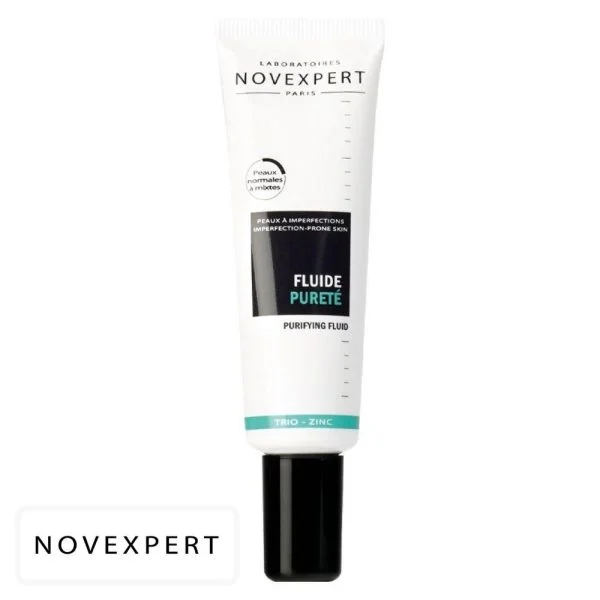 Tube blanc Novexpert Fluide Pureté Trio-zinc liseré turquoise bouchon noir