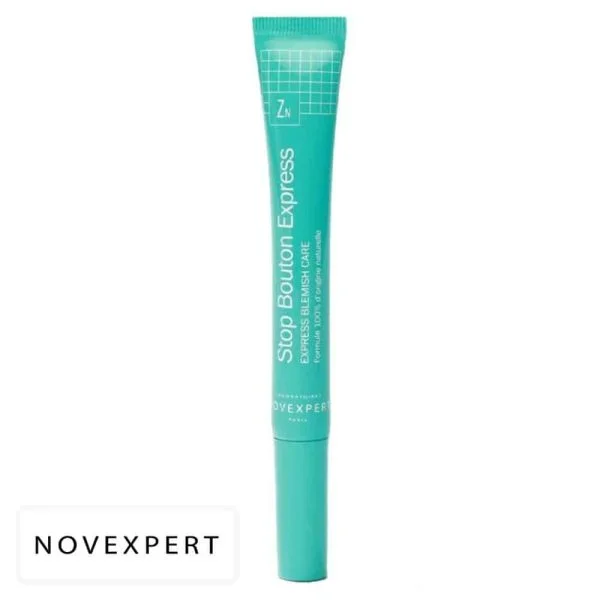 Tube turquoise Novexpert Stop Bouton Express soin ciblé imperfections zinc