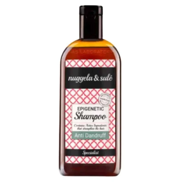 Flacon shampooing Nuggela & Sulé Epigenetic étiquette rouge mention Anti Dandruff