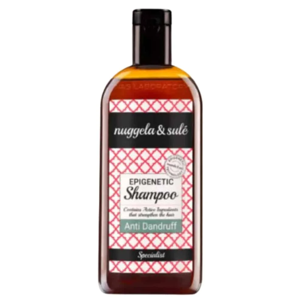 nuggela-et-sule-shampoing-epigenetique-anti-pelliculaire-250ml.jpg Flacon shampooing Nuggela & Sulé Epigenetic étiquette rouge mention Anti Dandruff