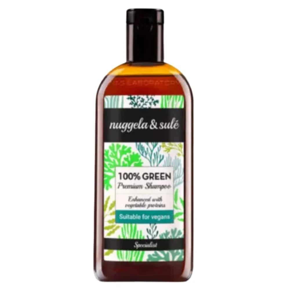 nuggela-et-sule-shampoing-premium-100-vert-250ml.jpg Flacon shampooing Nuggela & Sulé 100% Green étiquette motif algues vertes