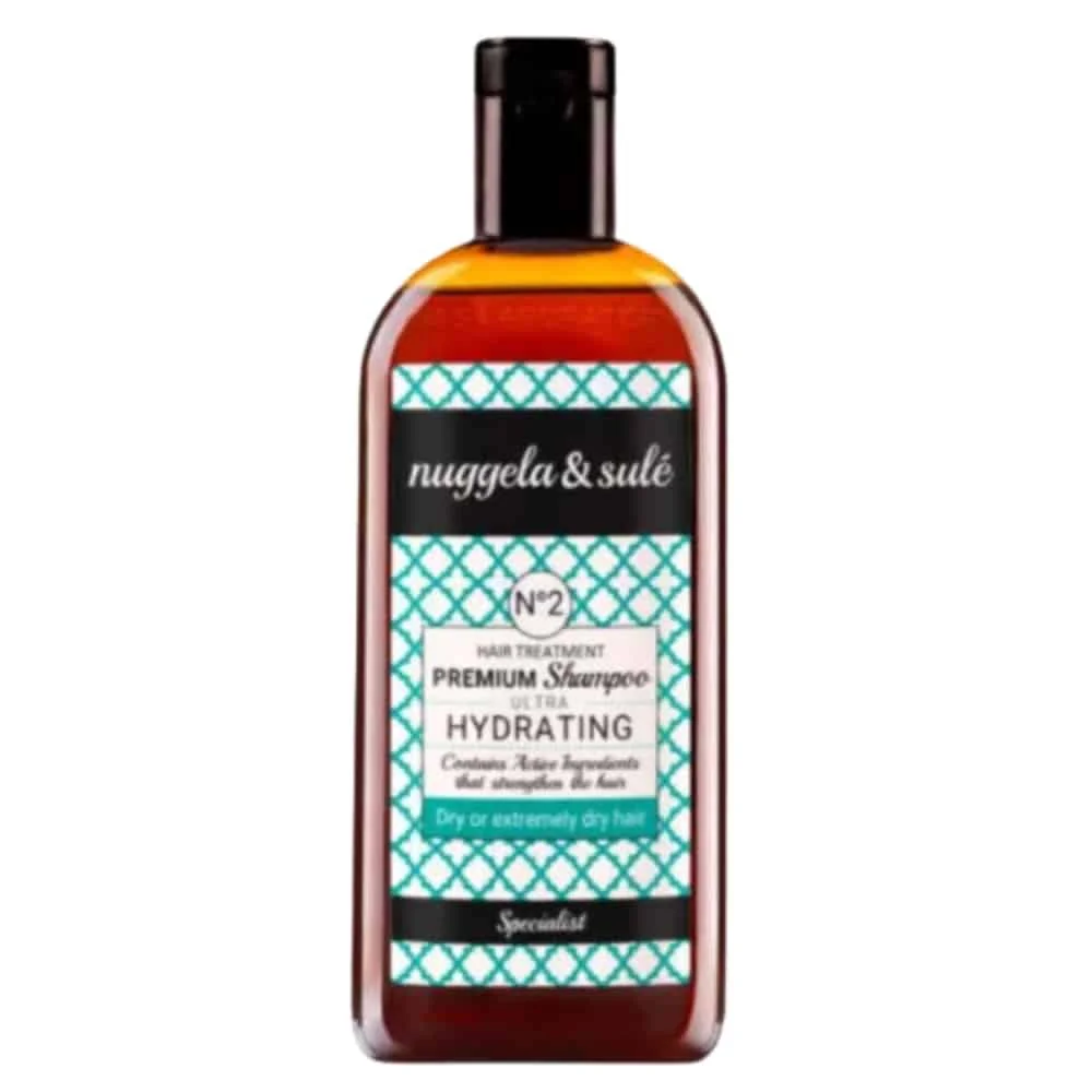 nuggela-et-sule-shampoing-premium-n2-hydratant-250ml.jpg Flacon shampooing Nuggela & Sulé N°2 étiquette turquoise mention Ultra Hydrating