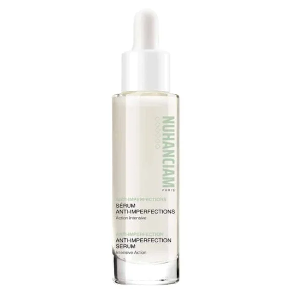 Flacon compte-gouttes Nuhanciam sérum anti-imperfections action intensive sur fond blanc