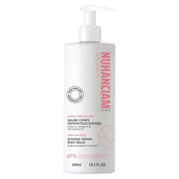 Flacon pompe blanc Nuhanciam baume corps réparateur intense non parfumé 500 ml