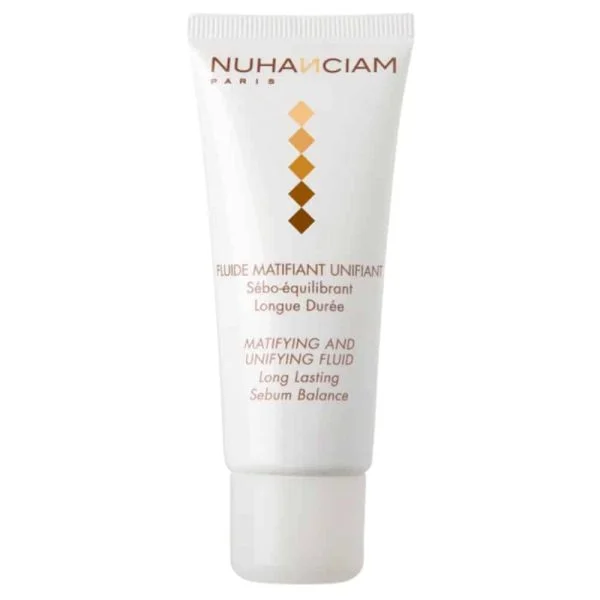 Tube blanc Nuhanciam fluide matifiant unifiant sébo-équilibrant longue durée visage