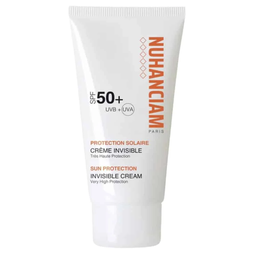 nuhanciam-protection-solaire-creme-invisible-spf50-50ml.jpg Tube blanc Nuhanciam crème solaire invisible SPF 50+ UVB UVA