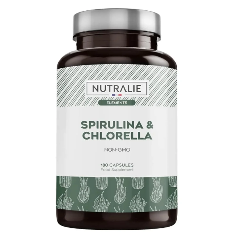 nutralie-spiruline-et-chlorella-non-ogm-180-gelules.jpg Flacon brun étiquette verte Nutralie Elements Spirulina Chlorella 180 capsules