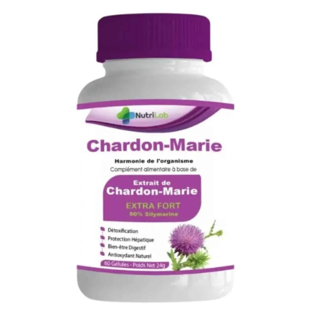 nutrilab-extrait-chardon-marie-extra-fort-50-silymarine-harmonie-de-l-organisme-60-gelules.jpg Flacon Nutrilab Chardon-Marie extra fort, bouchon violet, fleur de chardon imprimée