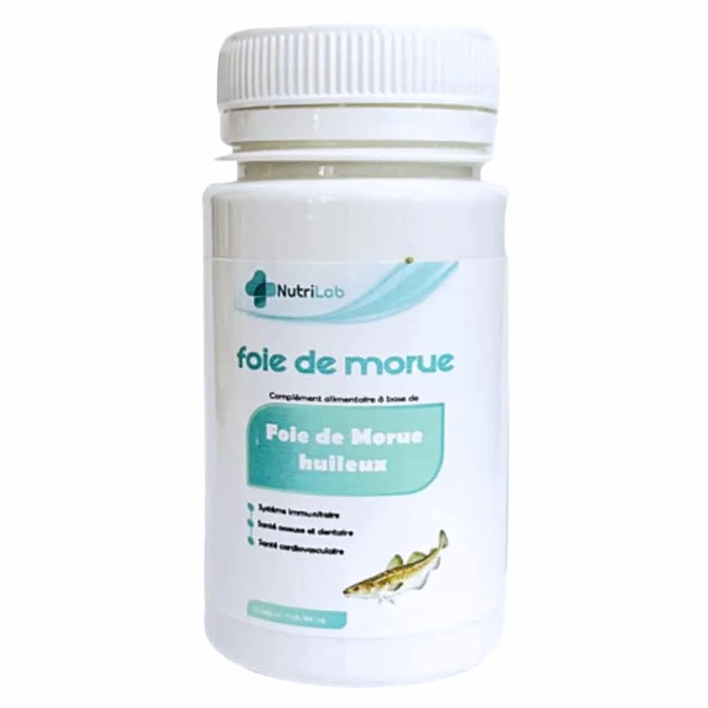 nutrilab-foie-de-morue-huileux-30-capsules.jpg Flacon blanc Nutrilab Foie de Morue huileux avec illustration de poisson
