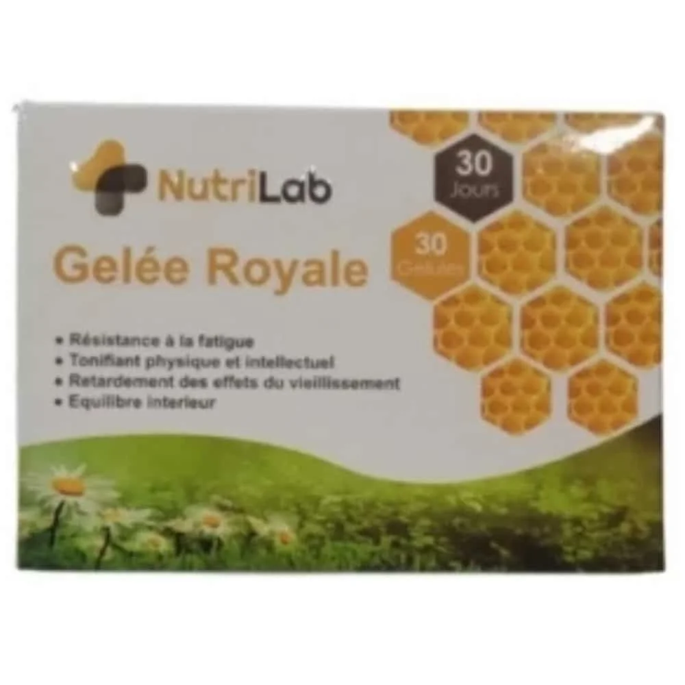 nutrilab-gelee-royale-pollen-30-gelules.jpg Boîte Nutrilab Gelée Royale 30 gélules, décor alvéoles de miel et prairie