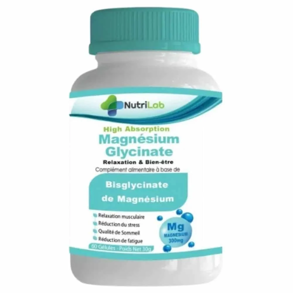 nutrilab-magnesium-glycinate-relaxation-et-bien-etre-300mg-60-gelules.jpg Flacon blanc Nutrilab Magnésium Glycinate, bouchon turquoise, bisglycinate 300 mg