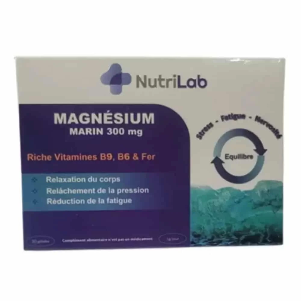 nutrilab-magnesium-marin-300mg-30-gelules.jpg Boîte bleue Nutrilab Magnésium Marin 300 mg, vitamines B9 B6 et fer