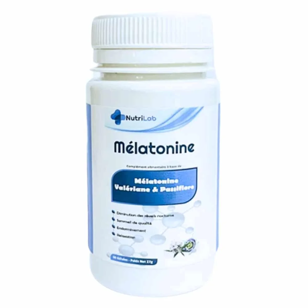 nutrilab-melatonine-valeriane-et-passiflore-60-gelules.jpg Flacon blanc Nutrilab Mélatonine valériane et passiflore, étiquette bleue, 60 gélules