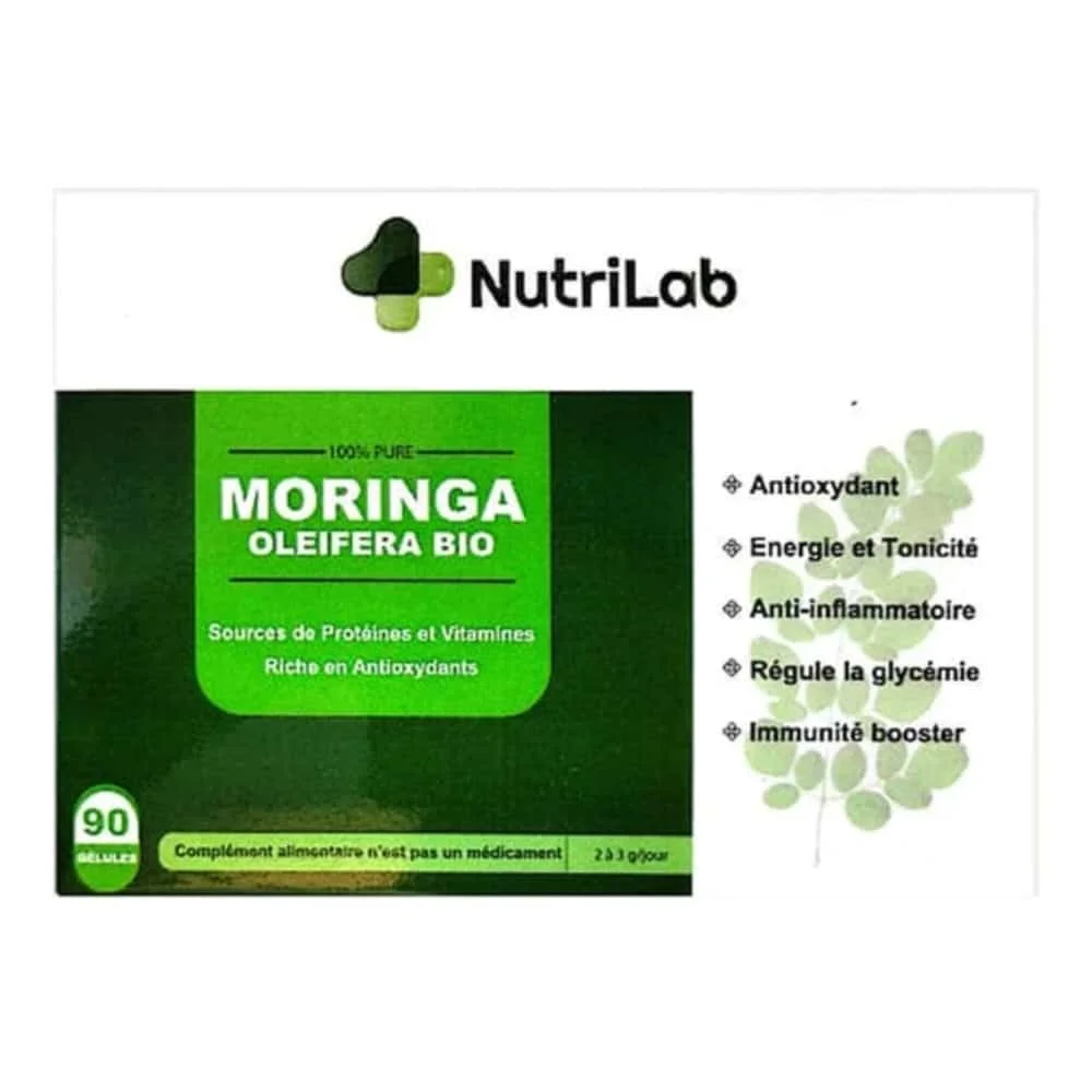 nutrilab-moringa-oleifera-bio-90-gelules.jpg Boîte verte Nutrilab Moringa Oleifera Bio 90 gélules, feuillage imprimé