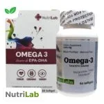 Boîte Nutrilab Oméga 3 EPA-DHA et flacon de capsules molles, pictogrammes cœur cerveau vision