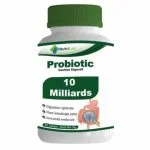Flacon blanc Nutrilab Probiotic 10 milliards, bouchon vert, illustration intestin