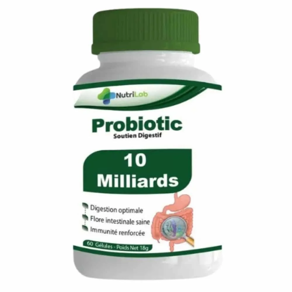 nutrilab-probiotic-soutien-digestif-10-milliards-60-gelules.jpg Flacon blanc Nutrilab Probiotic 10 milliards, bouchon vert, illustration intestin