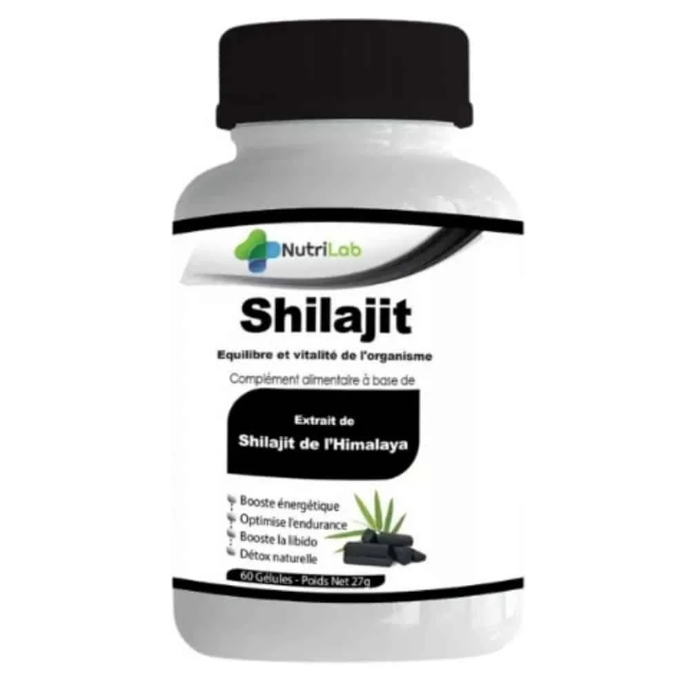 nutrilab-shilajit-equilibre-et-vitalite-de-l-organisme-60-gelules.jpg Flacon blanc et noir Nutrilab Shilajit de l'Himalaya, 60 gélules