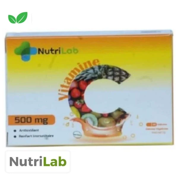 Boîte orange Nutrilab Vitamine C 500 mg, fruits formant la lettre C