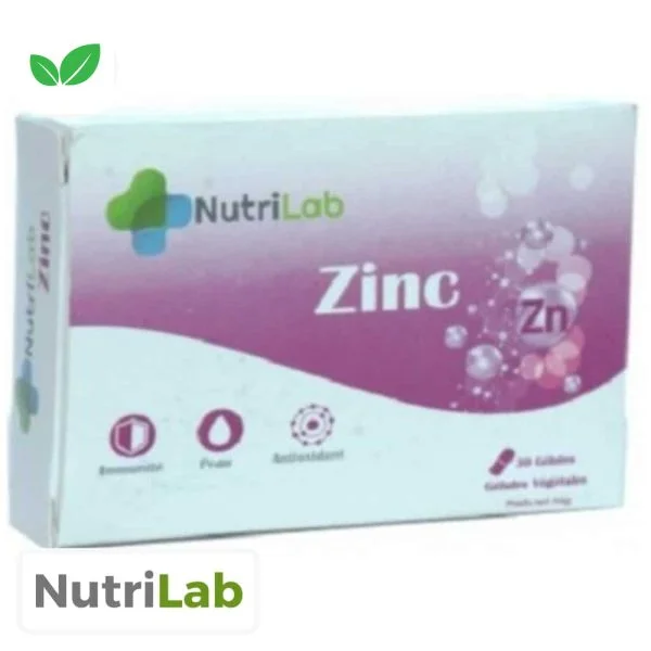 Boîte blanche et rose Nutrilab Zinc, pictogrammes immunité peau antioxydant